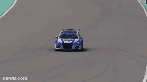Blue And White Race Car Saying Flux GIF