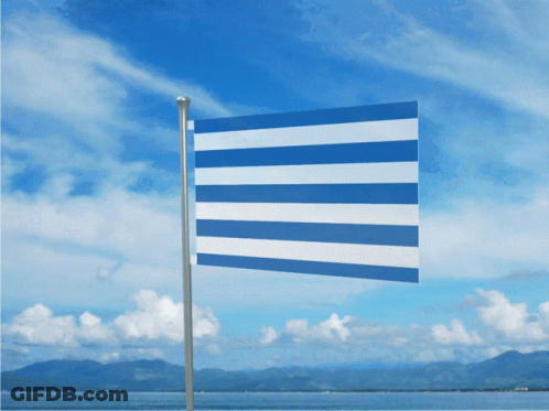Blue And White Striped Flag Flying Over Water GIF