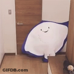 Blue And White Stuffed Animal Smiling In Hallway GIF