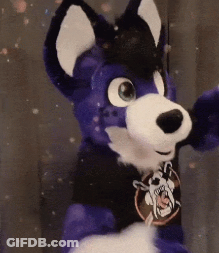 Blue And White Stuffed Animal Wearing Black Dog Shirt GIF