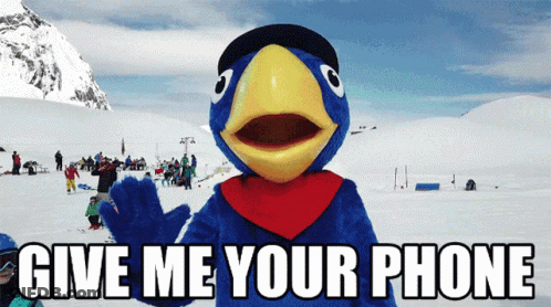 Blue And Yellow Bird Mascot Saying Give Me Your Phone GIF