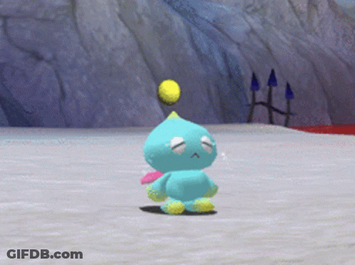 Blue And Yellow Cartoon Character With Yellow Ball On Head GIF