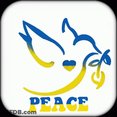 Blue And Yellow Dove With Heart Saying Peace GIF