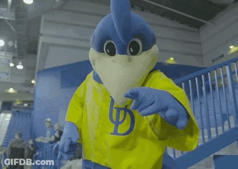 Blue And Yellow Mascot With Letter D On Shirt GIF