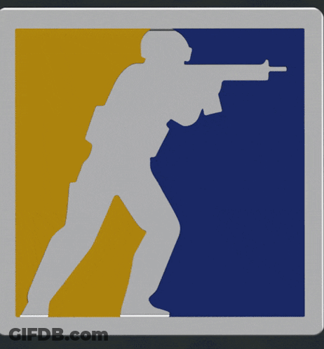 Blue And Yellow Sign With Soldier Silhouette Pointing Gun GIF