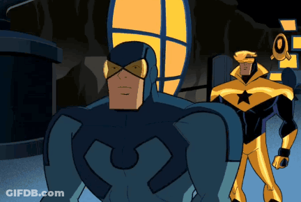 Blue And Yellow Superhero Next To Yellow And Black Superhero GIF