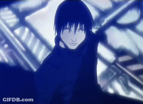 Blue Anime Character Standing In Front Of Building With Clock GIF