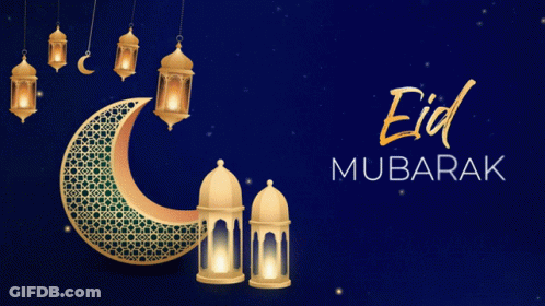 Blue Background Crescent Moon Lanterns Eid Mubarak GIF