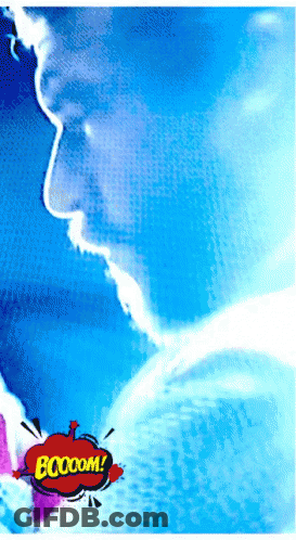 Blue Background With Speech Bubble Saying Boom GIF