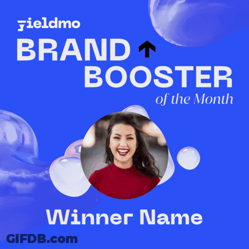 Blue Background With Woman Saying Brand Booster Of The Month GIF