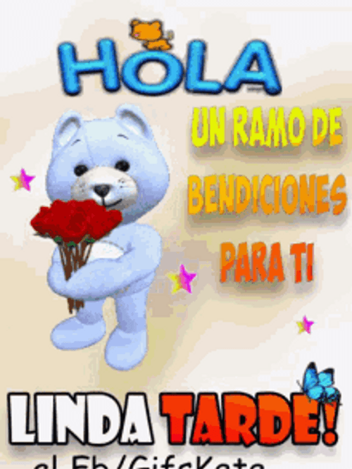 Blue Bear Offering Flowers Buenas Tardes GIF