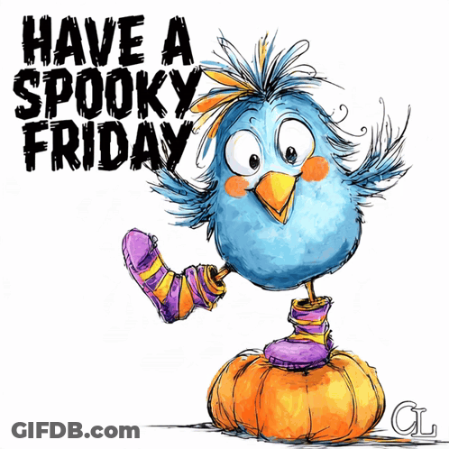 Blue Bird On Pumpkin Saying Have A Spooky Friday GIF