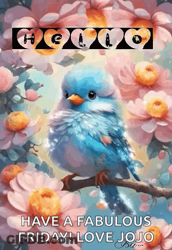 Blue Bird Perched On Flowering Branch GIF