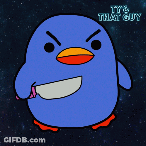 Blue Bird With Knife In Mouth Says That's Strike One GIF