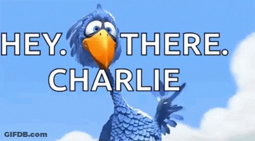 Blue Bird With Orange Beak In Front Of Sign Saying Hey There Charlie GIF