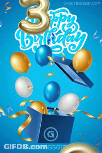 Blue Box With Balloons And Number 3 GIF