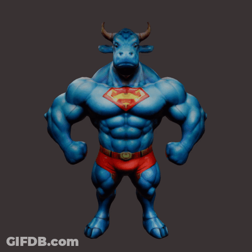 Blue Bull With Horns And Superman Costume GIF