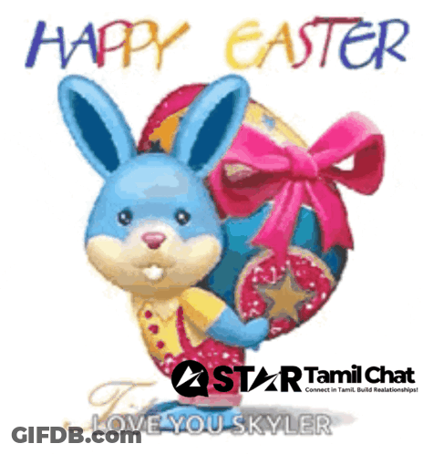 Blue Bunny Holding Easter Egg Saying Happy Easter GIF