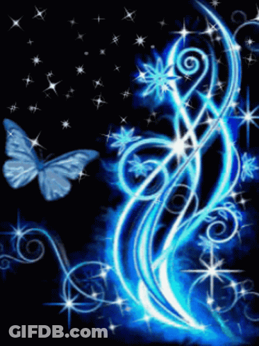 Blue Butterfly Flying Over Blue And Black Design GIF