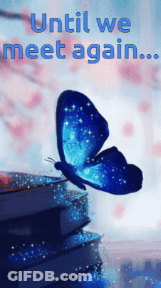 Blue Butterfly On Books Saying Until We Meet Again GIF