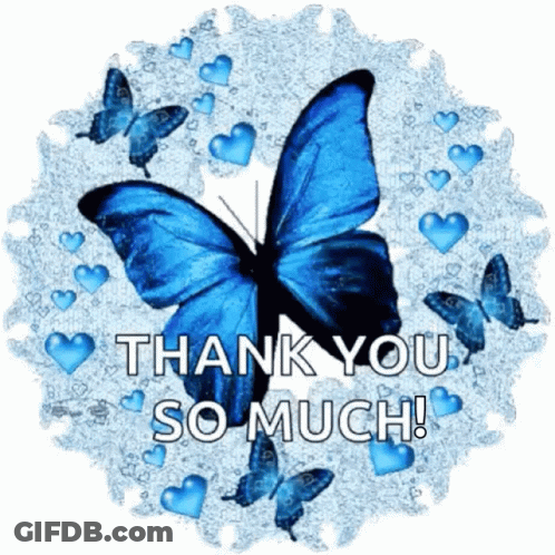 Blue Butterfly Surrounded By Blue Hearts Saying Thank You So Much GIF