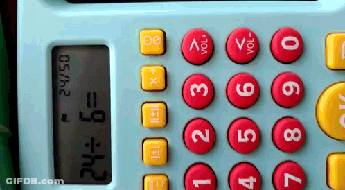 Blue Calculator With Red And Yellow Buttons Showing 24/50 GIF