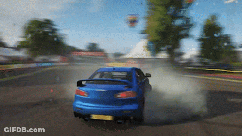 Blue Car Driving Past Trees Hot Air Balloon GIF