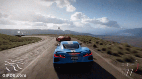 Blue Car Driving With Red Car Behind GIF