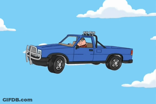 Blue Car Flying With Sleeping Man GIF