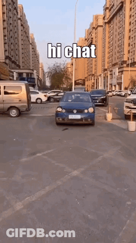 Blue Car Parked With Sign Saying Hi Chat GIF