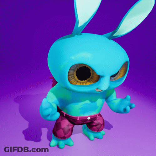 Blue Cartoon Bunny With Big Eyes And Purple Background GIF