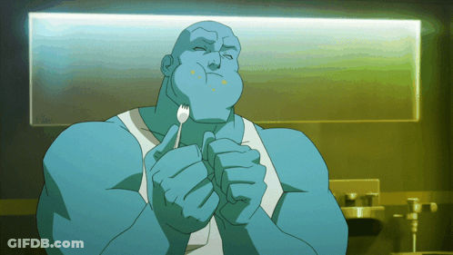 Blue Cartoon Character Holding Fork GIF