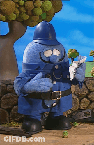 Blue Cartoon Character Holding Paper And Wearing Helmet GIF