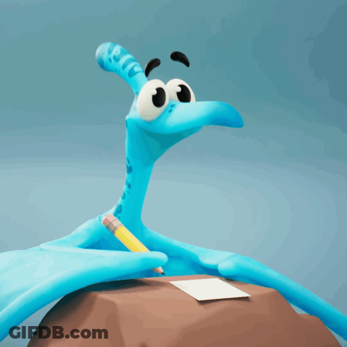 Blue Cartoon Character Holding Pencil And Paper GIF