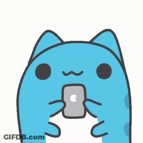 Blue Cartoon Character Holding Phone With Hearts GIF