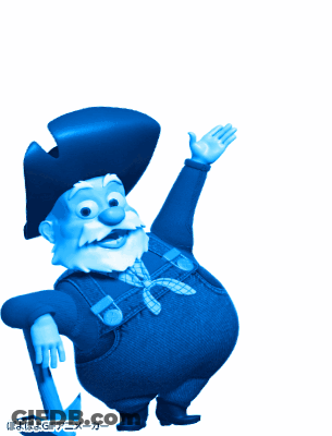 Blue Cartoon Character In Cowboy Hat And Overalls Waving GIF
