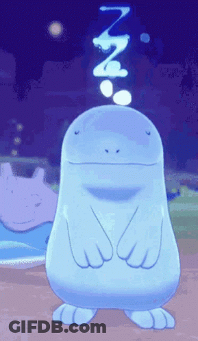 Blue Cartoon Character In Dark With Thought Bubble Saying N GIF