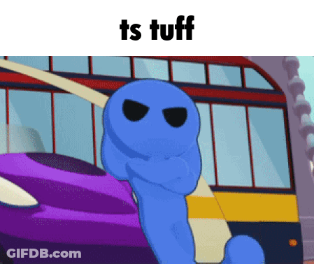 Blue Cartoon Character In Front Of Purple Car Saying Ts Tuff GIF