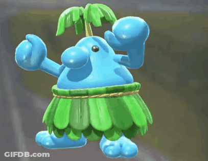 Blue Cartoon Character In Green Skirt With Palm Tree On Head GIF