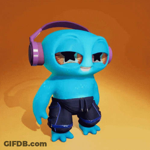 Blue Cartoon Character In Headphones And Black Pants GIF
