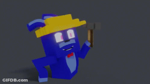 Blue Cartoon Character In Yellow Hat Holding Hammer GIF