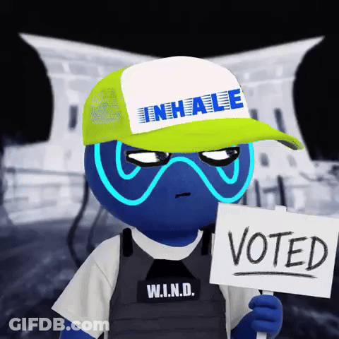 Blue Cartoon Character In Yellow Hat Saying Inhale Holding Voted Sign GIF