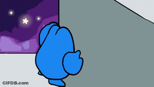Blue Cartoon Character Looking Out Window At Purple Sky With Stars GIF