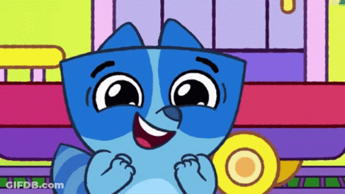 Blue Cartoon Character Smiling Holding Yellow Circle GIF