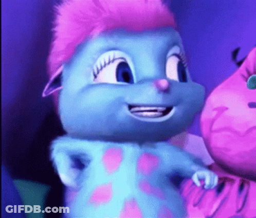 Blue Cartoon Character Smiling Next To Pink Monster GIF