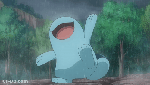 Blue Cartoon Character Standing In Rain GIF