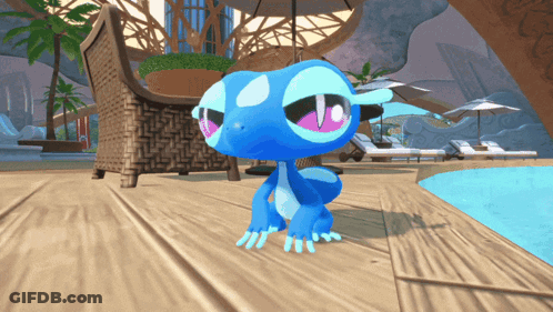 Blue Cartoon Character Standing On Deck Next To Pool GIF