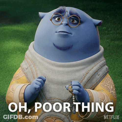 Blue Cartoon Character With Glasses Saying Oh Poor Thing GIF