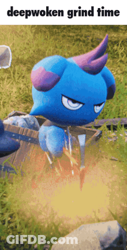 Blue Cartoon Character With Purple Horns Deepwoken Grind Time GIF