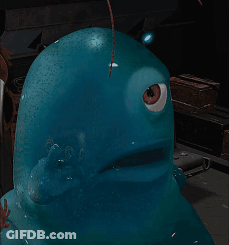 Blue Cartoon Character With Red Eyes Looking GIF